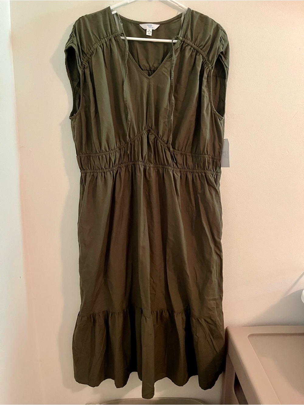 Time and Tru Olive Green V-Neck Midi Dress with Ruffle Hem